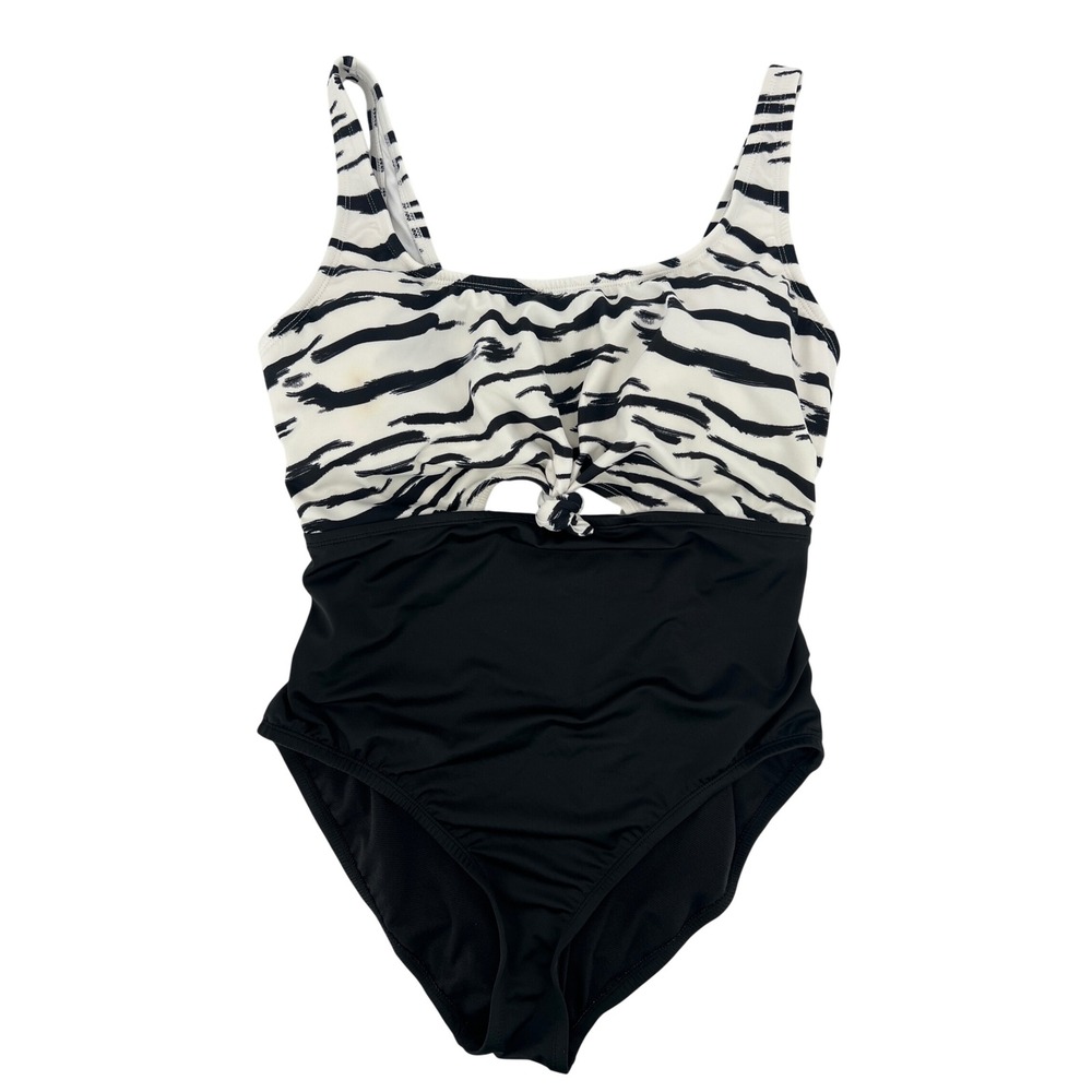 Beach Betty Womens Zebra Print Cutout One Piece Swimsuit Padded Black White L